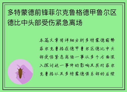 多特蒙德前锋菲尔克鲁格德甲鲁尔区德比中头部受伤紧急离场 多特蒙德前锋菲尔克鲁格德甲鲁尔区德比中头部受伤紧急离场